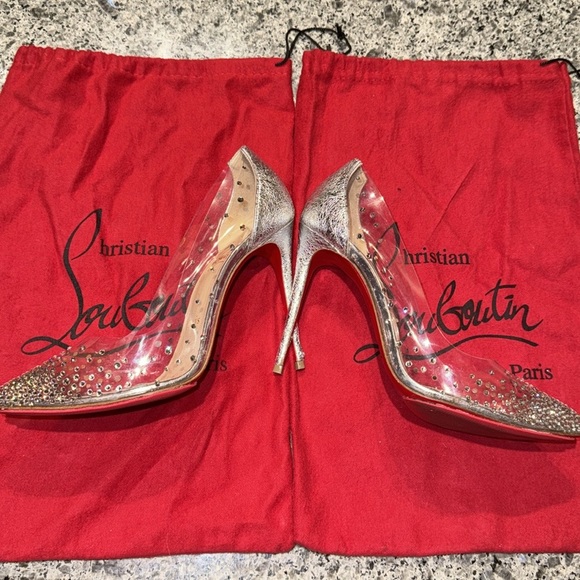 Christian Louboutin Degrastrass PVC 100/Specchio Rhinestone Clear/Silver Heels - Picture 4 of 14
